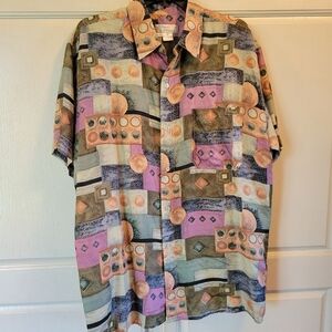 Vintage Hawaii Silkyway Silk Geometric Print Short Sleeve Button Up Shirt